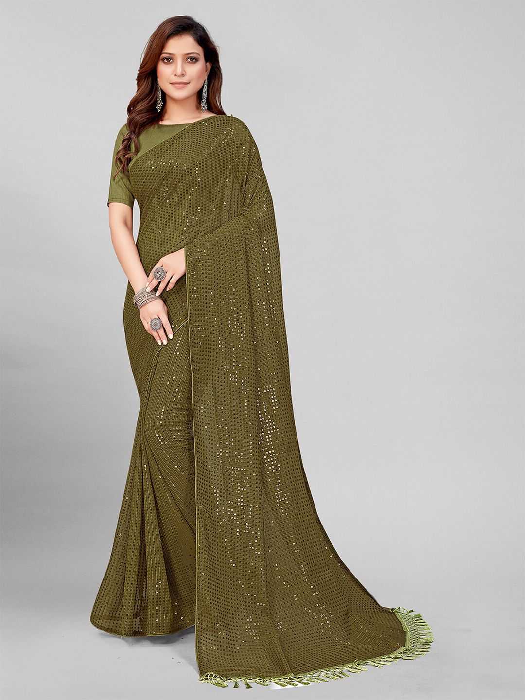Pratham Blue Olive Green Embellished Sequinned Pure Georgette Saree Price in India