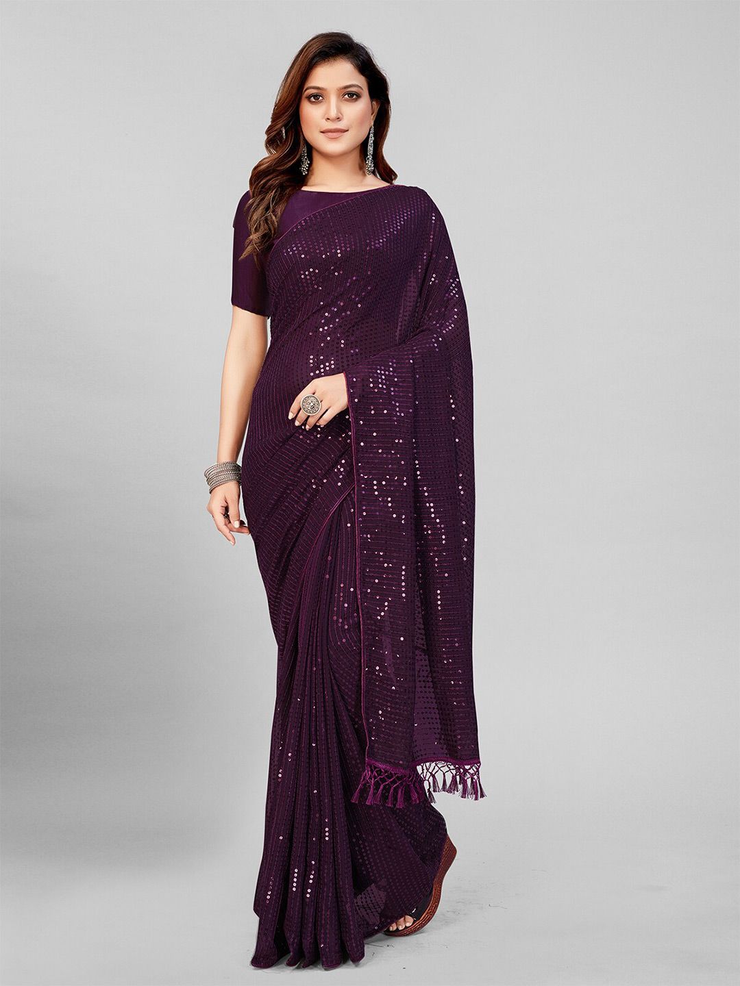 Pratham Blue Purple Sequinned Pure Georgette Saree Price in India