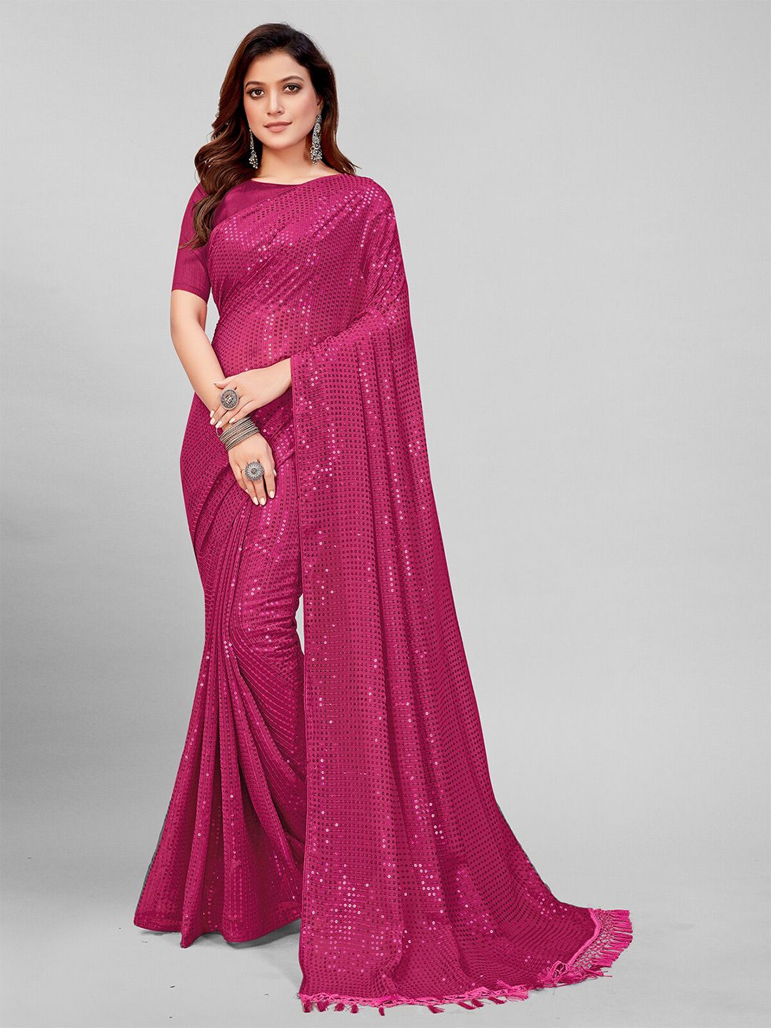 Pratham Blue Pink Embellished Sequinned Pure Georgette Saree Price in India