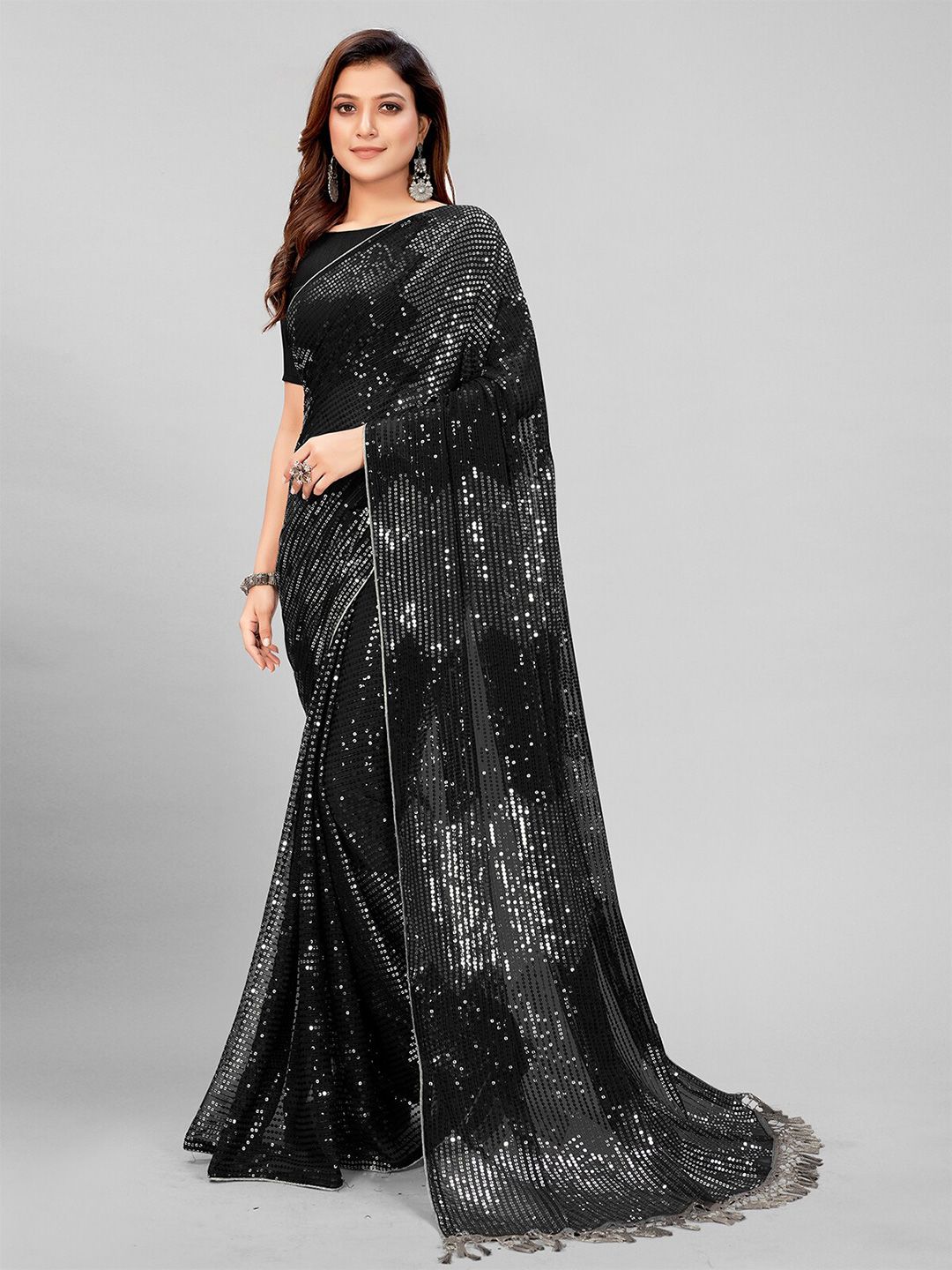 Pratham Blue Black Embellished Sequinned Pure Georgette Saree Price in India