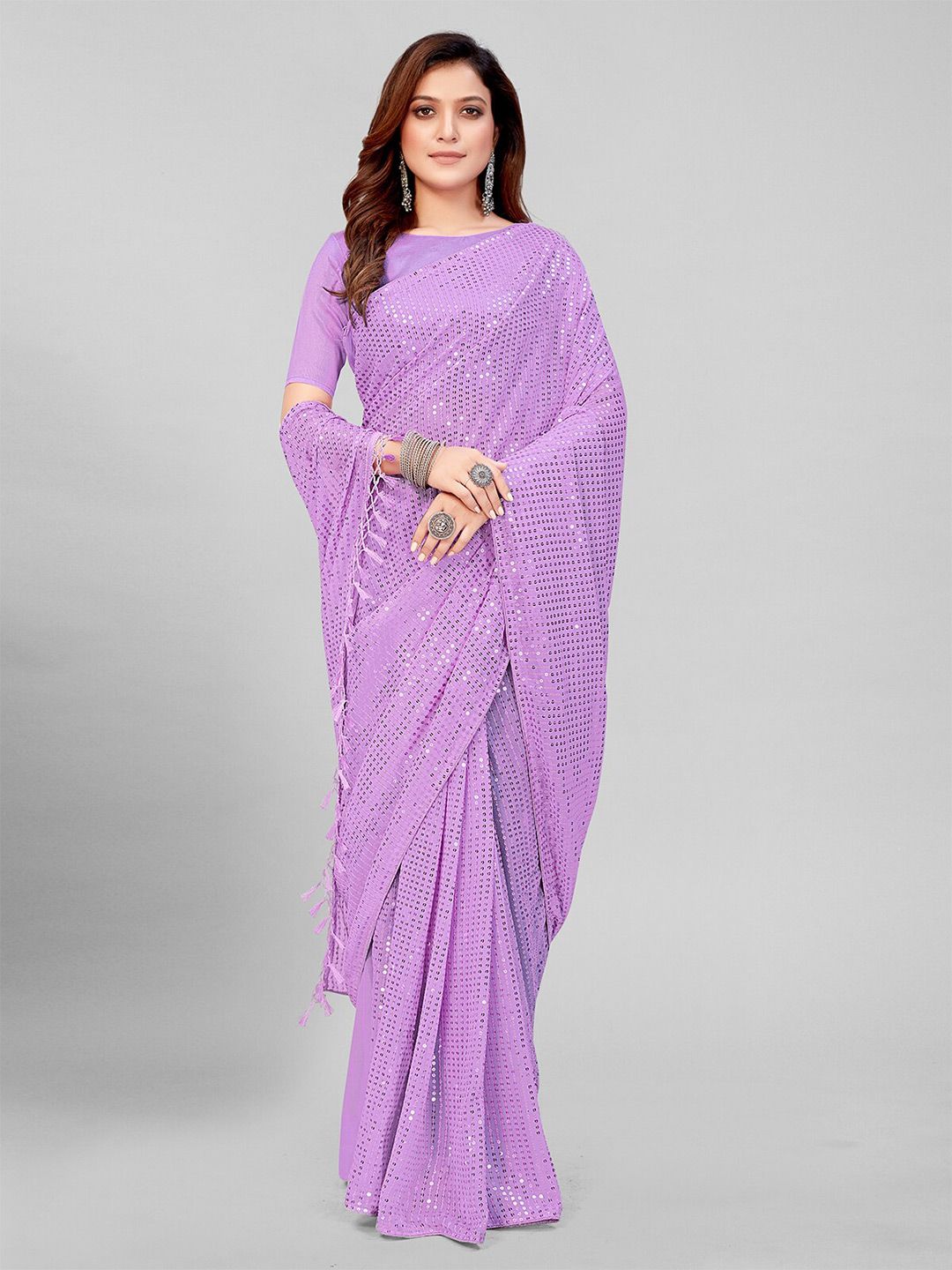 Pratham Blue Mauve Embellished Sequinned Pure Georgette Saree Price in India