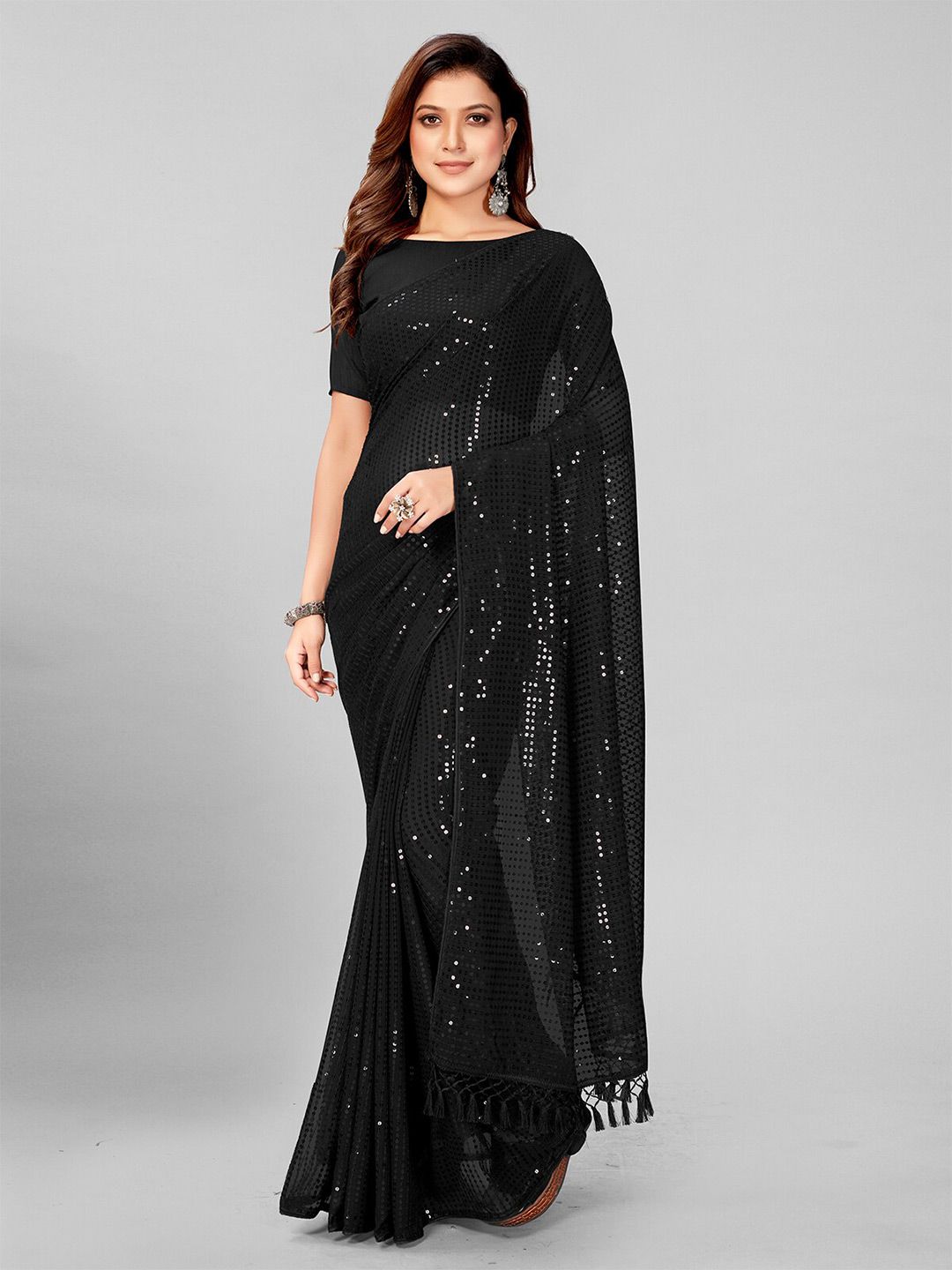 Pratham Women Blue Black Embellished Sequinned Pure Georgette Saree Price in India