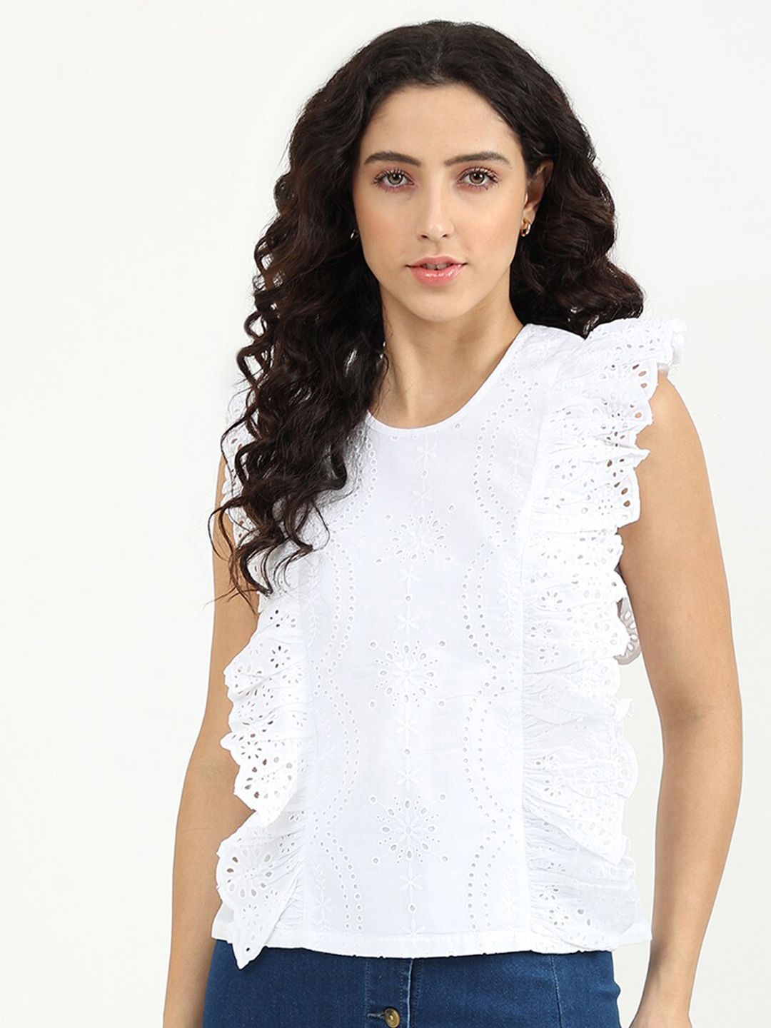 United Colors of Benetton White Solid Cotton Schiffli Top Price in India