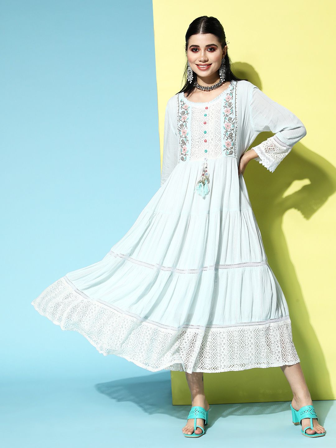 Ishin Women Classic White Viscose Rayon Fluid Tie-Up Ethnic Dress Price in India