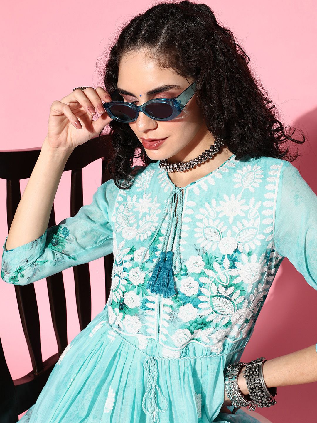 Ishin Women Classy Blue Cotton Fluid Tie-Up Ethnic Dress Price in India