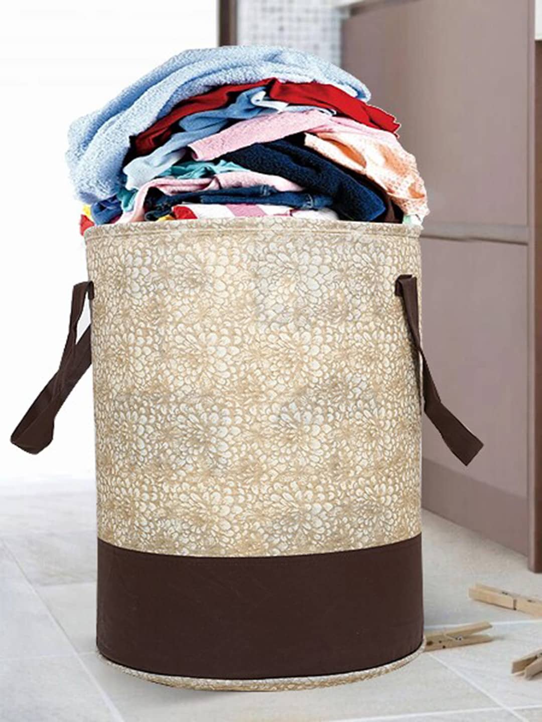 Home Fresh Brown Printed Canvas Laundry Bag Price in India