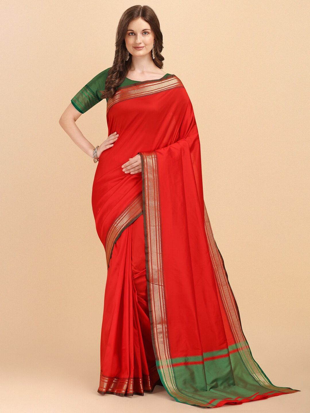 Jinax Red & Green Woven Design Zari Pure Silk Banarasi Saree Price in India