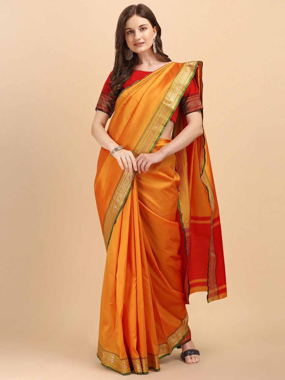 Jinax Yellow & Red Woven Design Zari Pure Silk Banarasi Saree Price in India