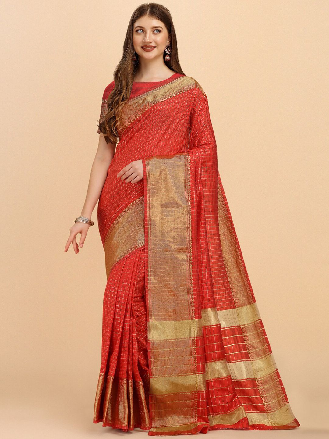 Jinax Red & Gold-Toned Woven Design Zari Pure Silk Banarasi Saree Price in India