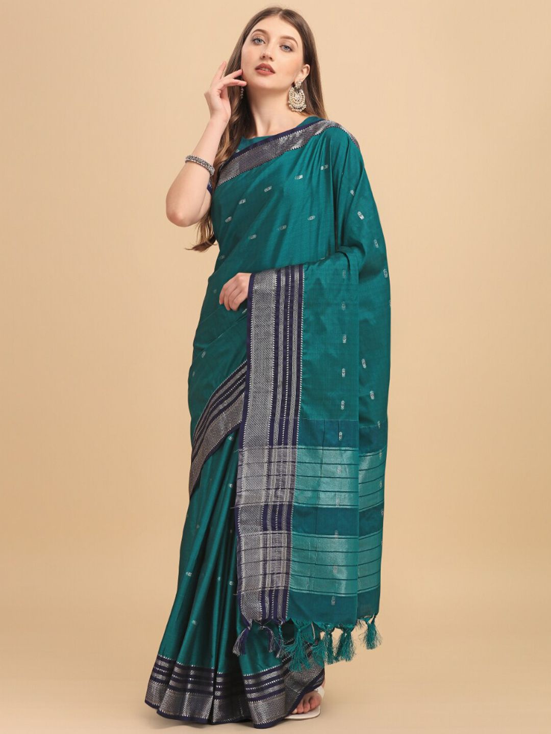 Jinax Teal & Grey Woven Design Zari Pure Silk Banarasi Saree Price in India