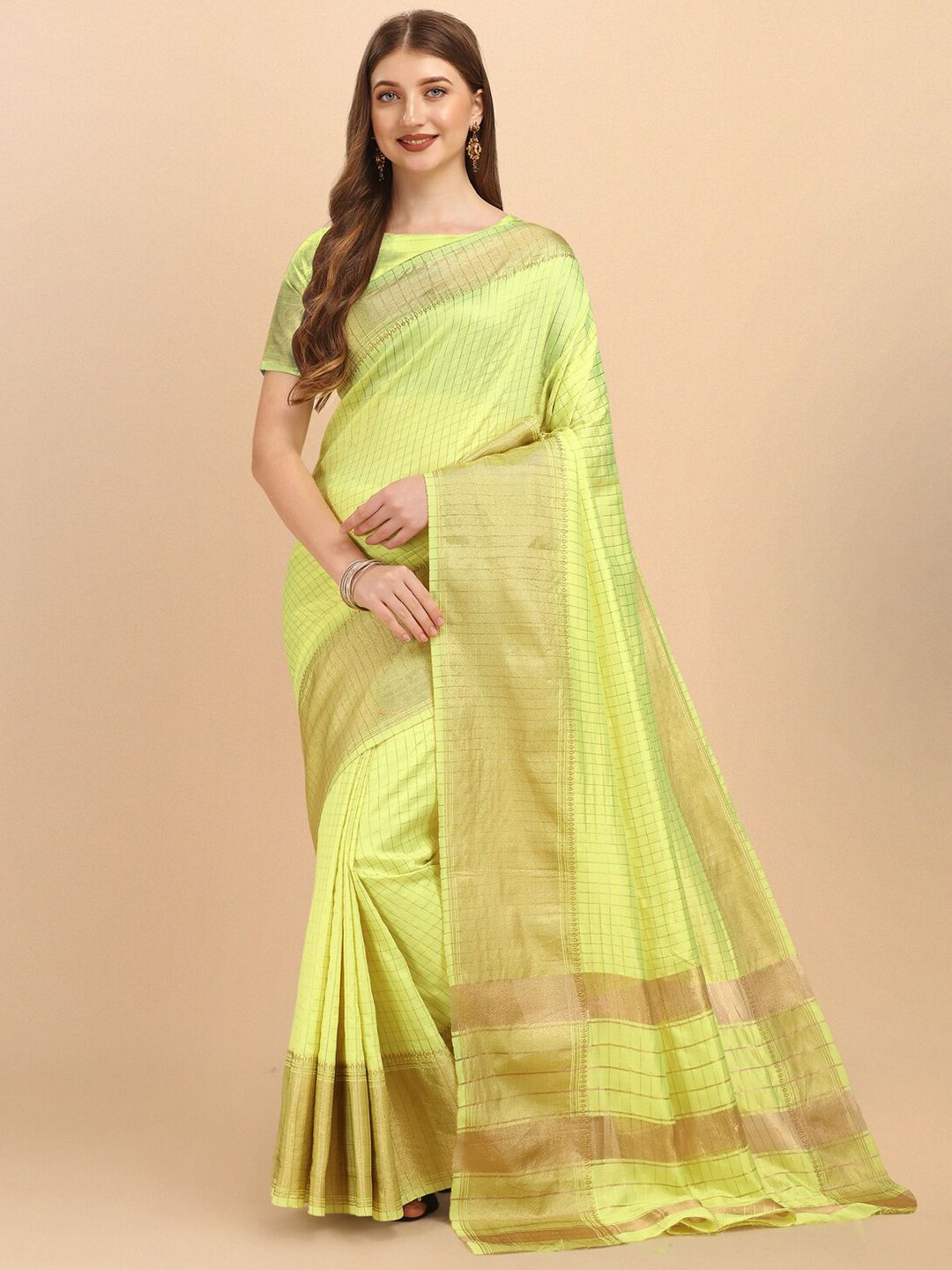 Jinax Lime Green & Gold-Toned Woven Design Zari Pure Silk Banarasi Saree Price in India