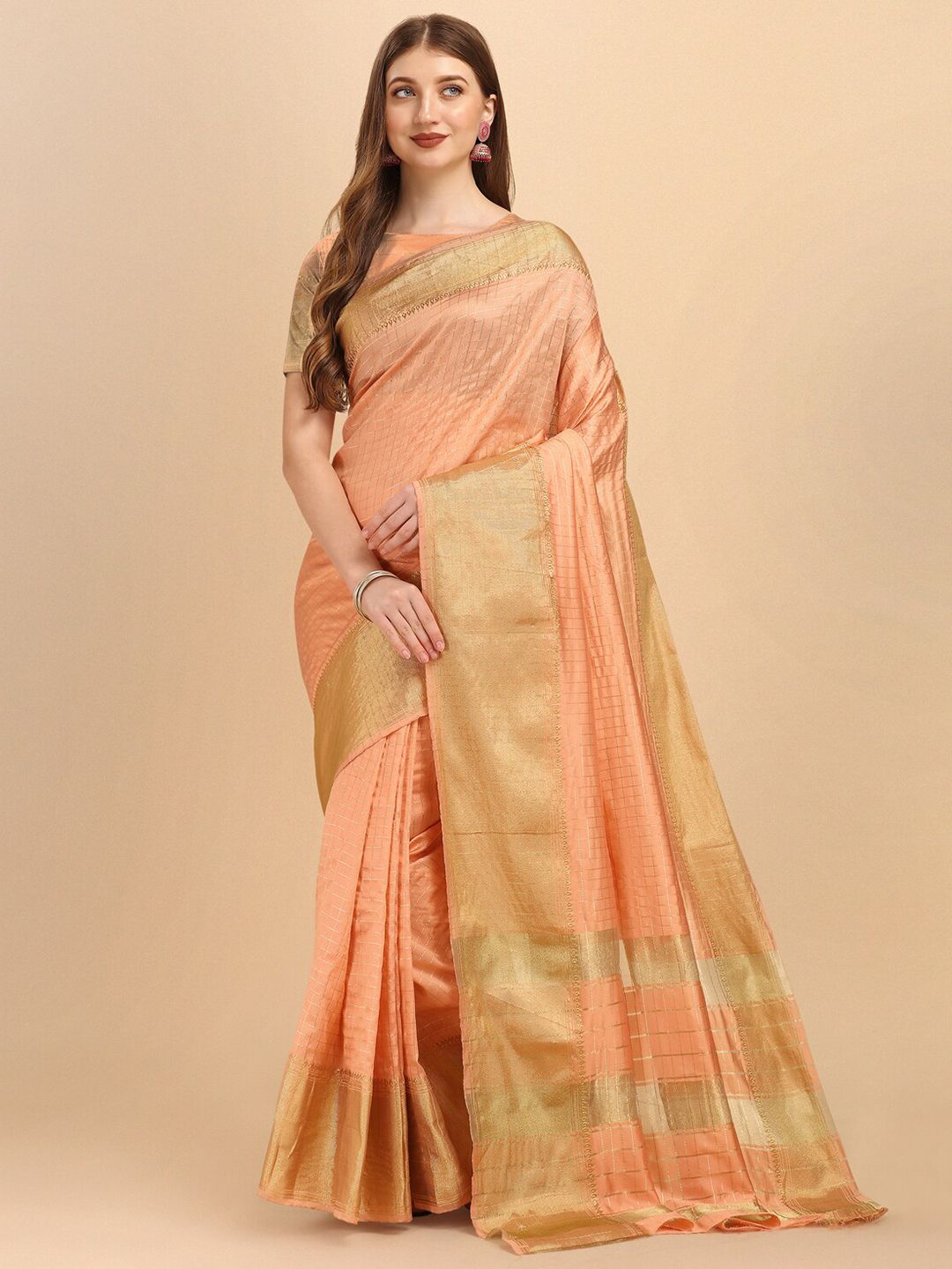 Jinax Peach-Coloured & Gold-Toned Woven Design Zari Pure Silk Banarasi Saree Price in India