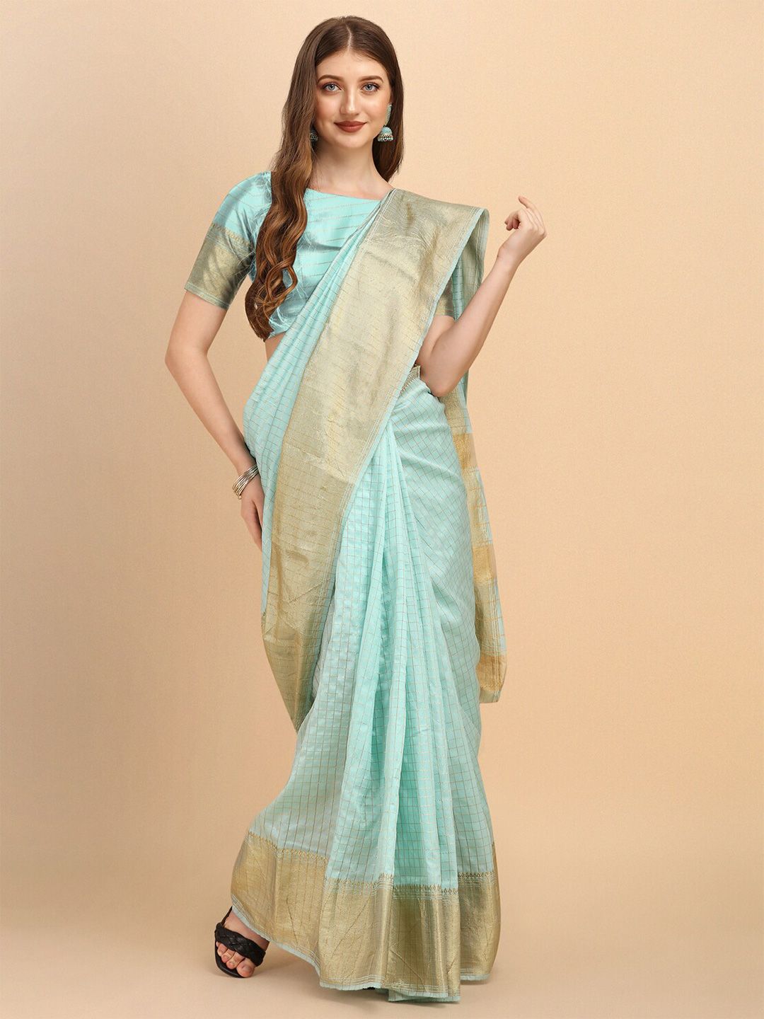 Jinax Sea Green & Gold-Toned Woven Design Zari Pure Silk Banarasi Saree Price in India