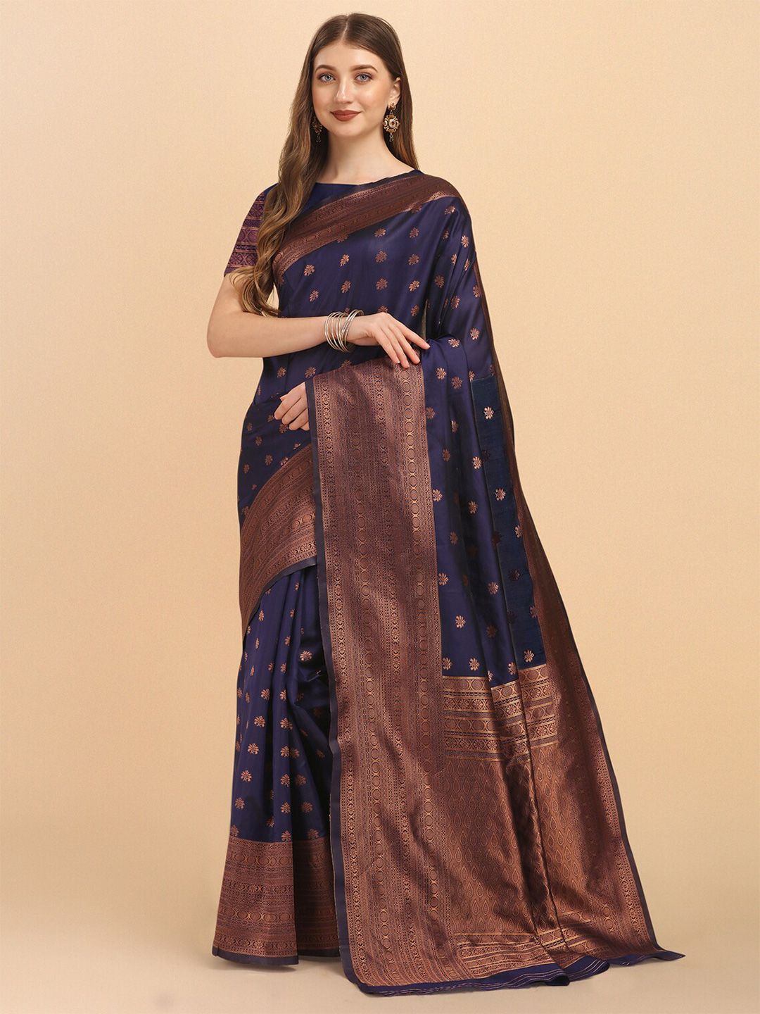 Jinax Blue & Copper-Toned Woven Design Zari Pure Silk Banarasi Saree Price in India