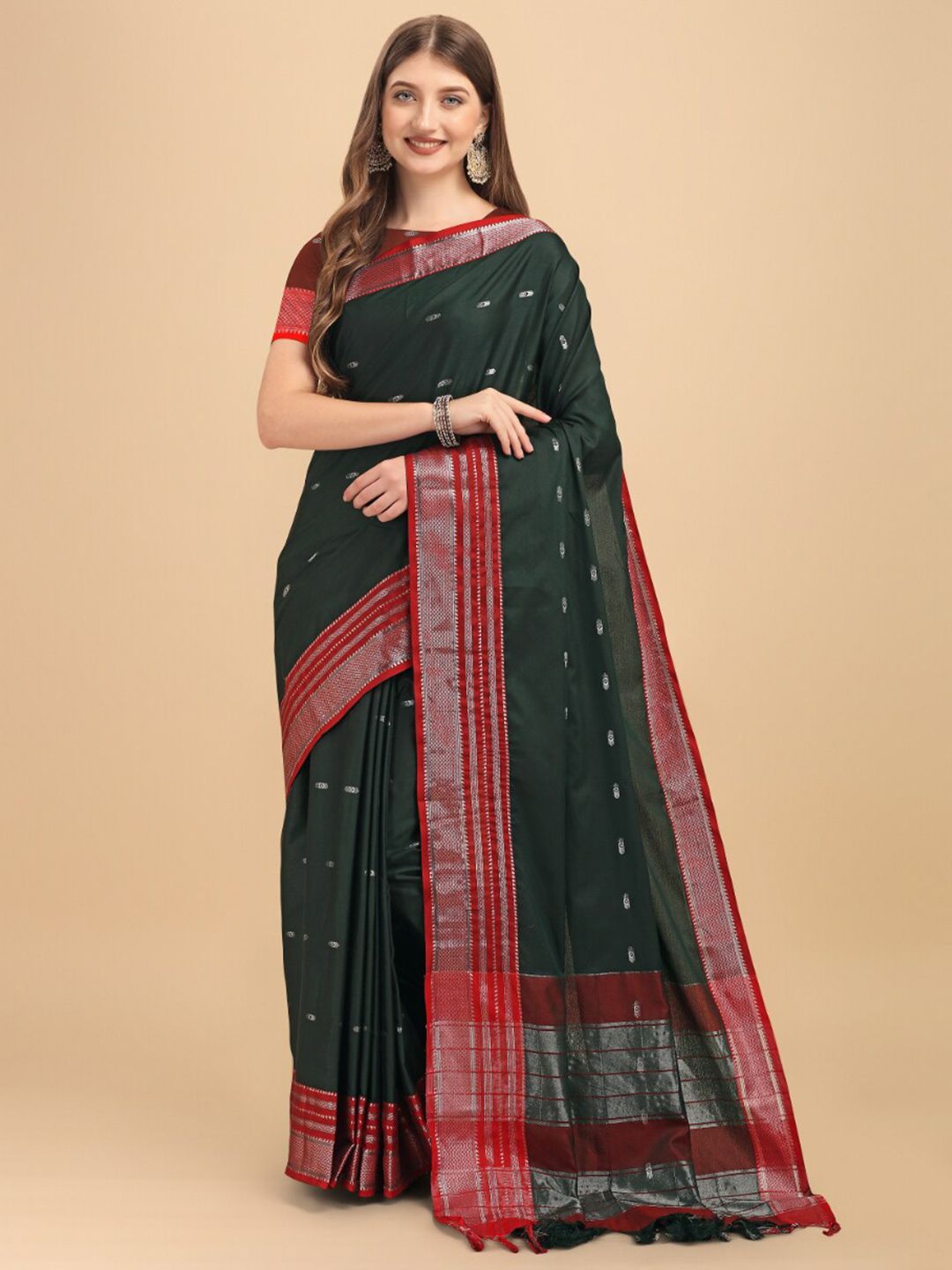Jinax Green & Red Woven Design Zari Pure Silk Banarasi Saree Price in India