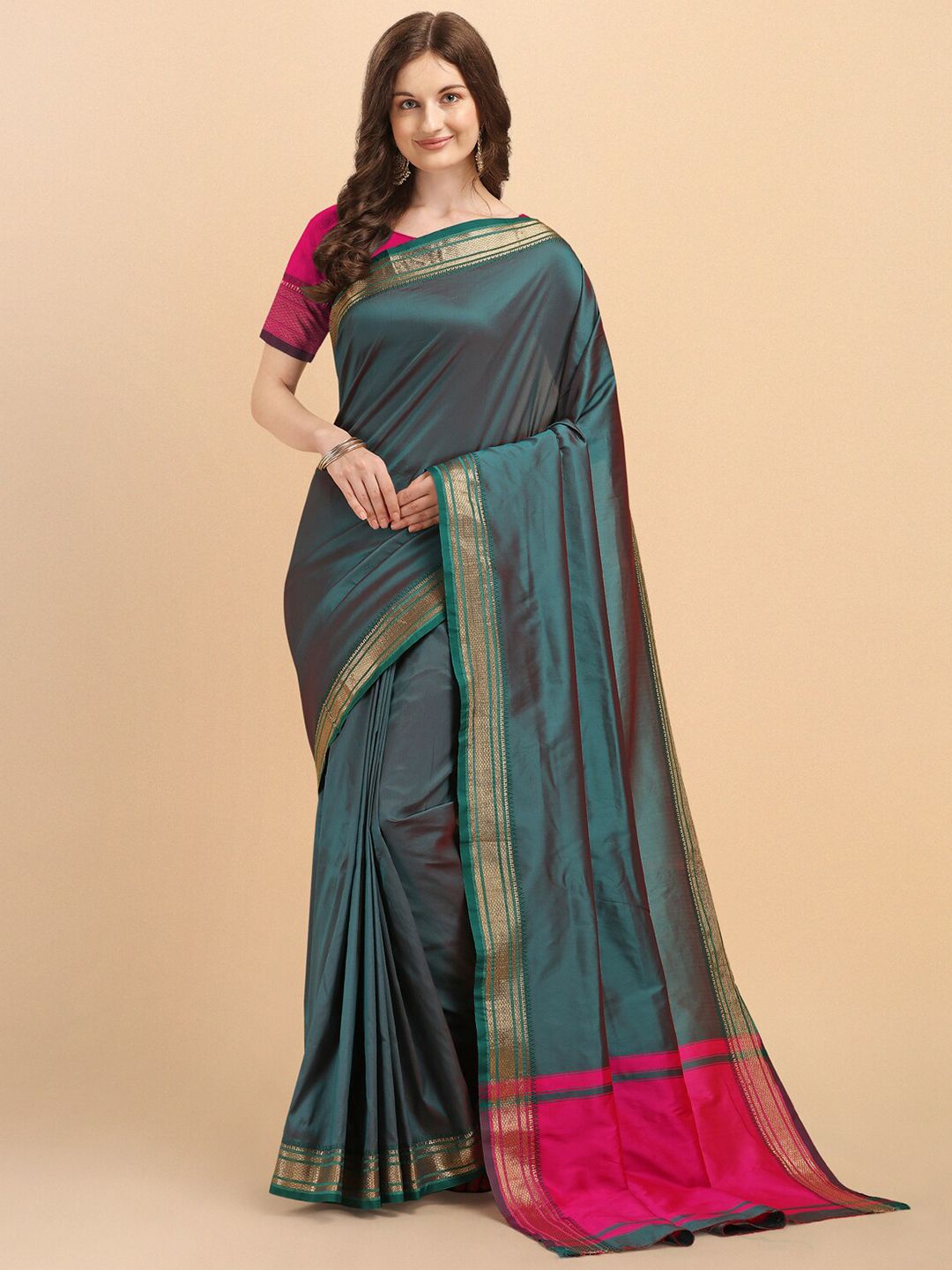 Jinax Green & Pink Woven Design Zari Pure Silk Banarasi Saree Price in India