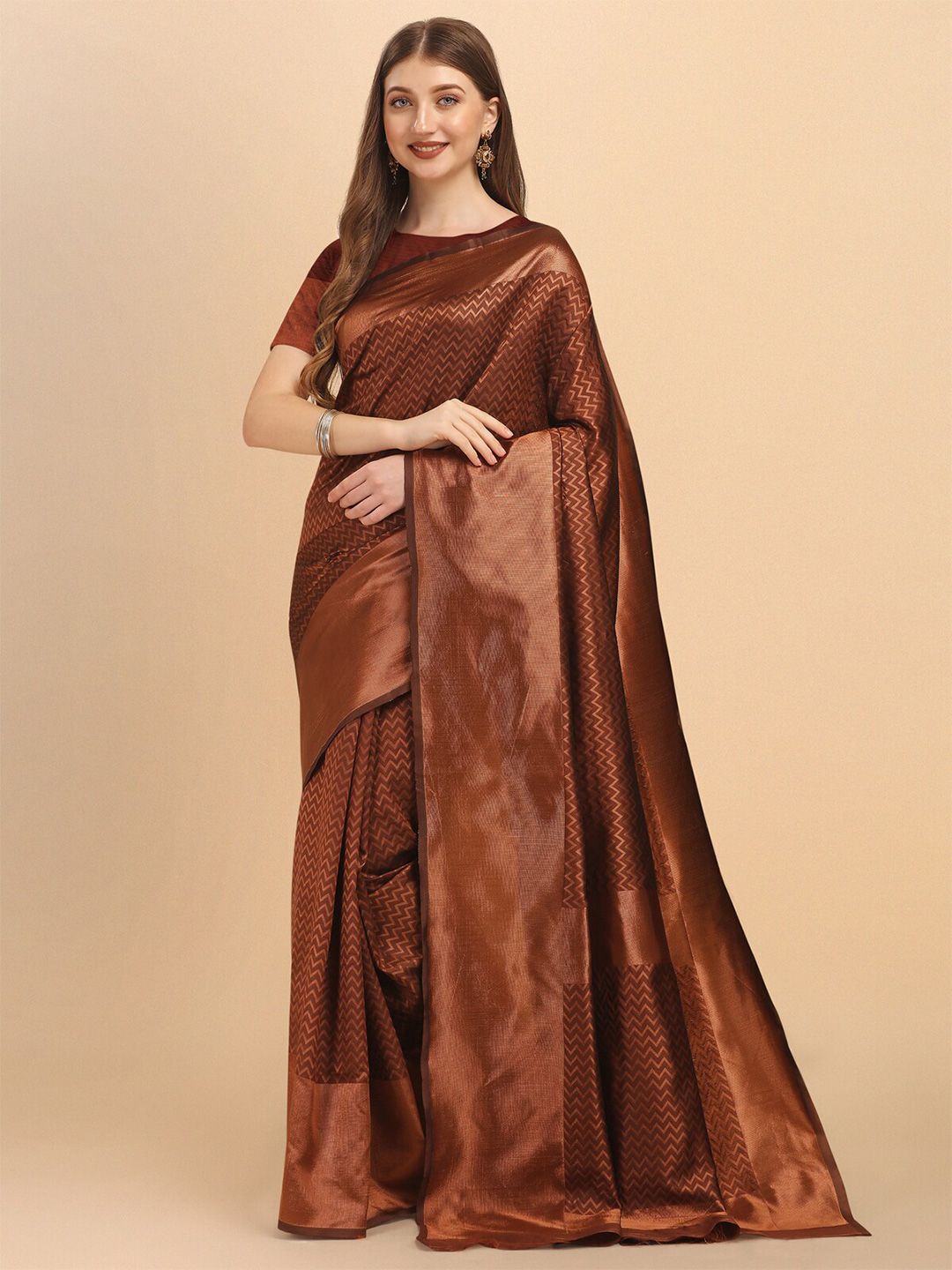 Jinax Brown Woven Design Zari Pure Silk Banarasi Saree Price in India