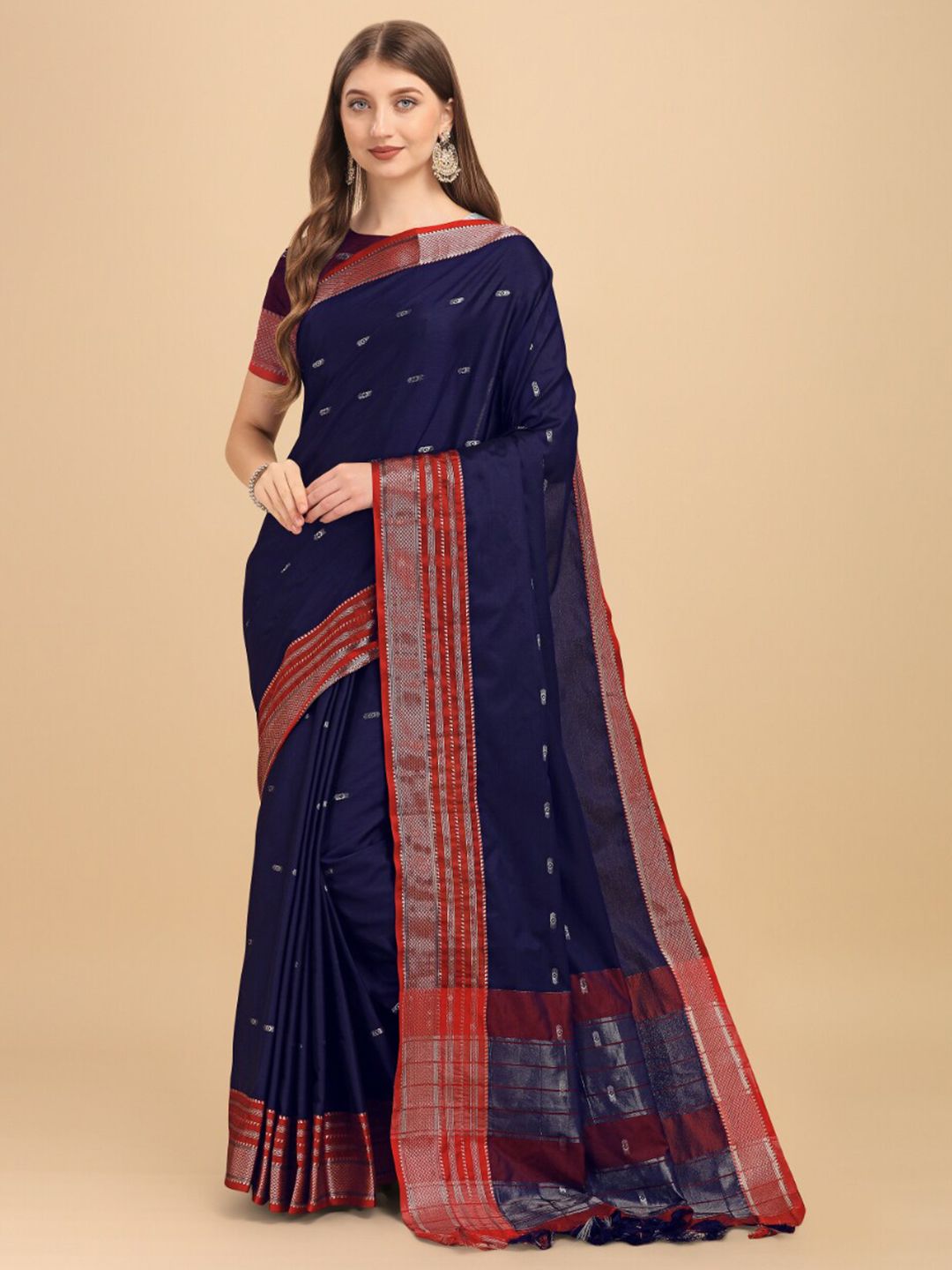 Jinax Navy Blue & Red Woven Design Zari Pure Silk Banarasi Saree Price in India