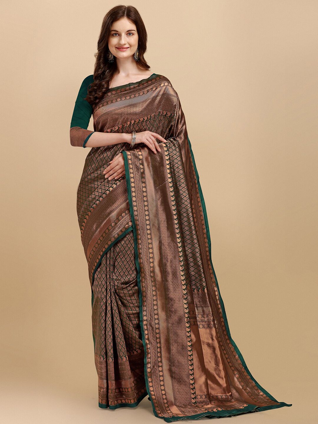Jinax Copper & Green Woven Design Zari Pure Silk Banarasi Saree Price in India