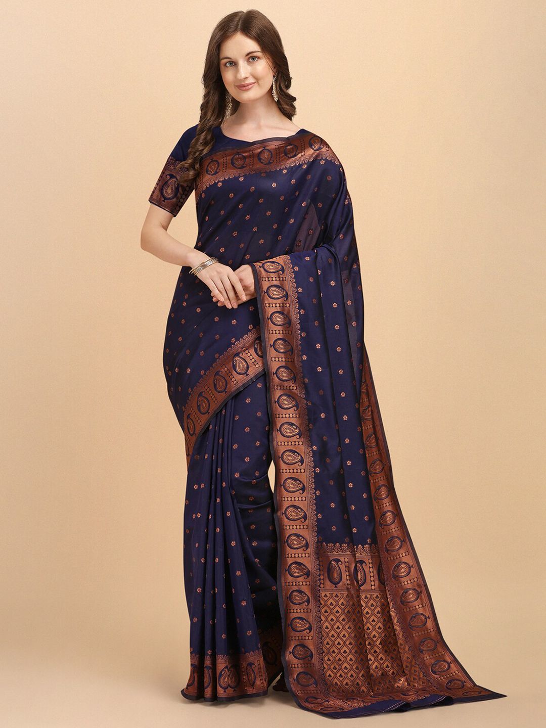 Jinax Blue & Bronze-Toned Woven Design Zari Pure Silk Banarasi Saree Price in India