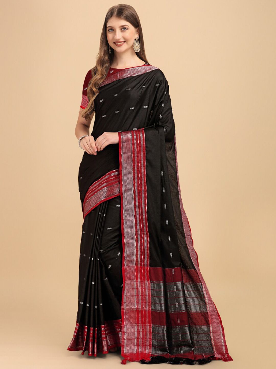 Jinax Black & Pink Woven Design Zari Pure Silk Banarasi Saree Price in India