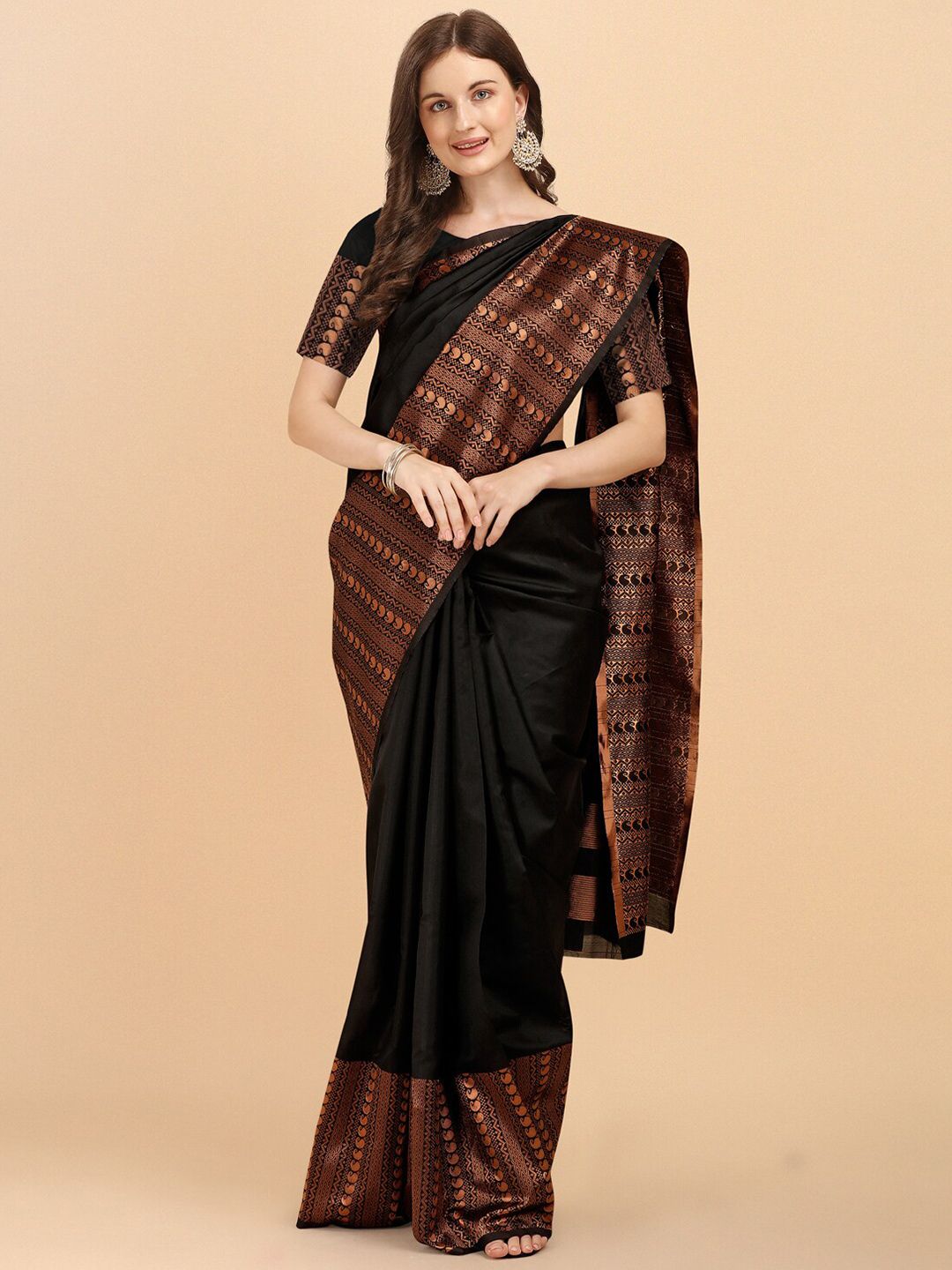 Jinax Black & Bronze-Toned Woven Design Zari Pure Silk Banarasi Saree Price in India