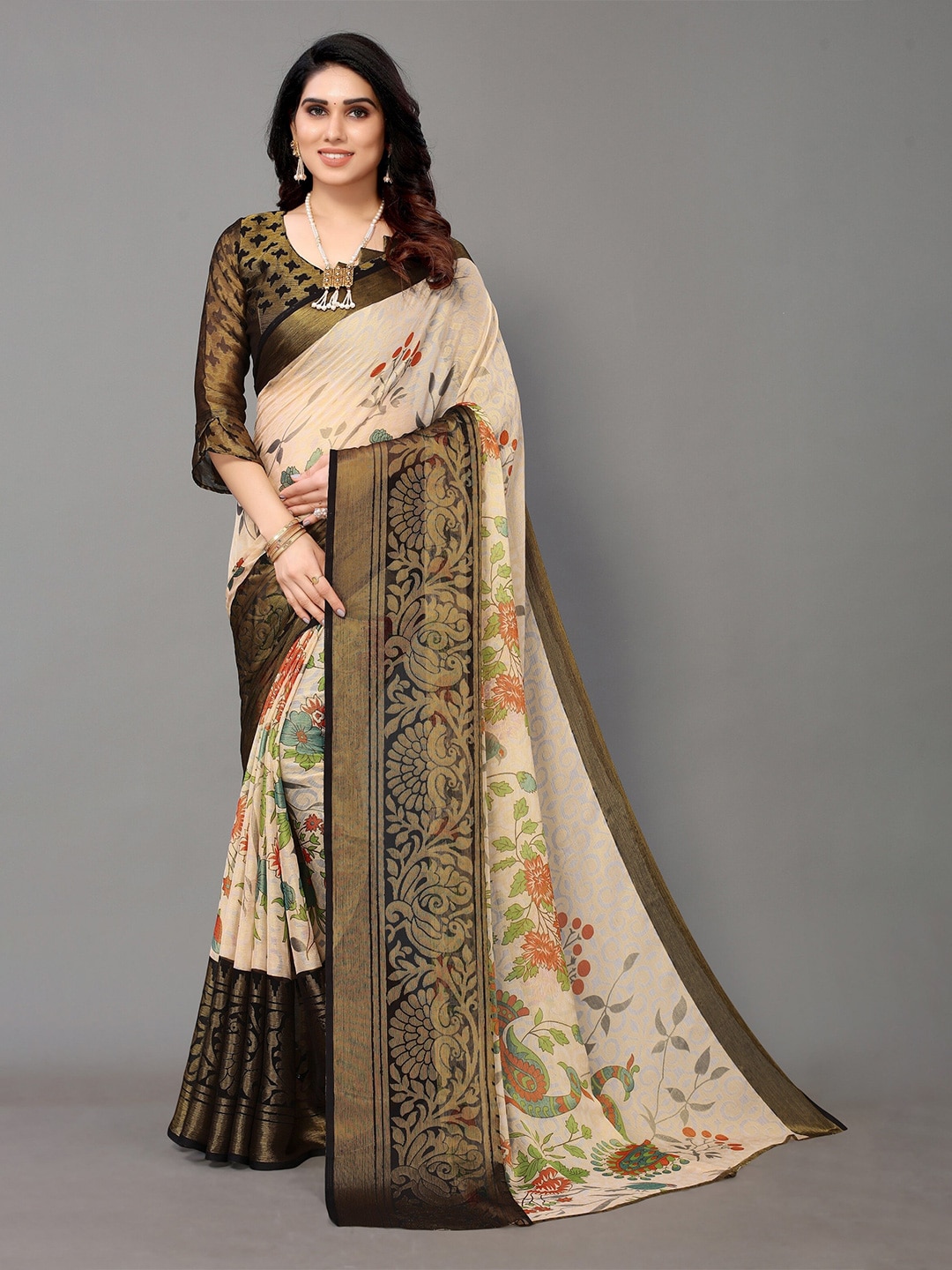 Winza Designer Black & Cream-Coloured Floral Zari Pure Chiffon Venkatgiri Saree Price in India
