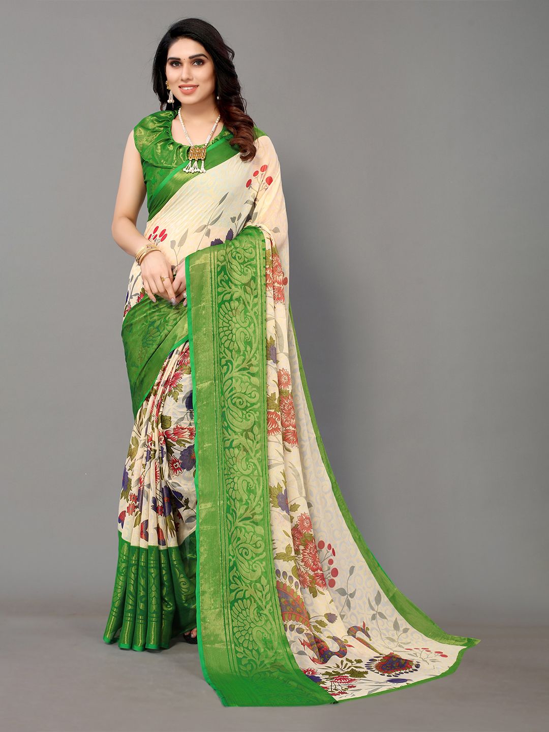 Winza Designer Green & Cream-Coloured Floral Zari Pure Chiffon Venkatgiri Saree Price in India