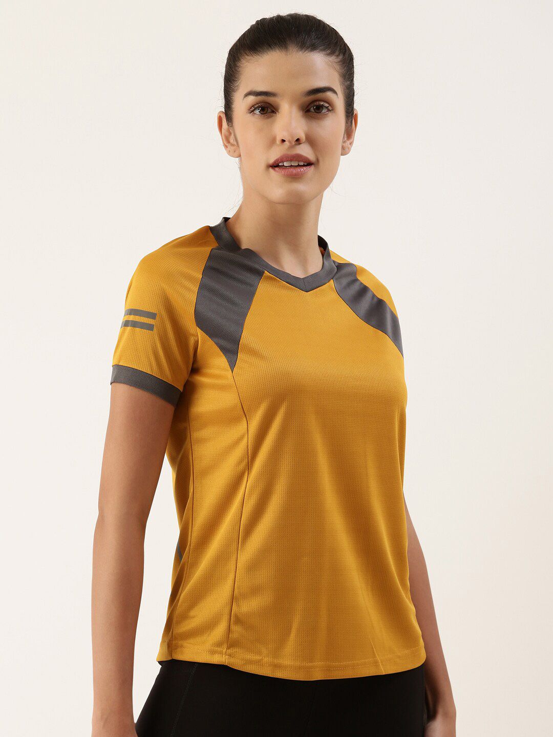 Bannos Swagger Women Yellow & Black Colourblocked Anti Static Loose T-shirt Price in India