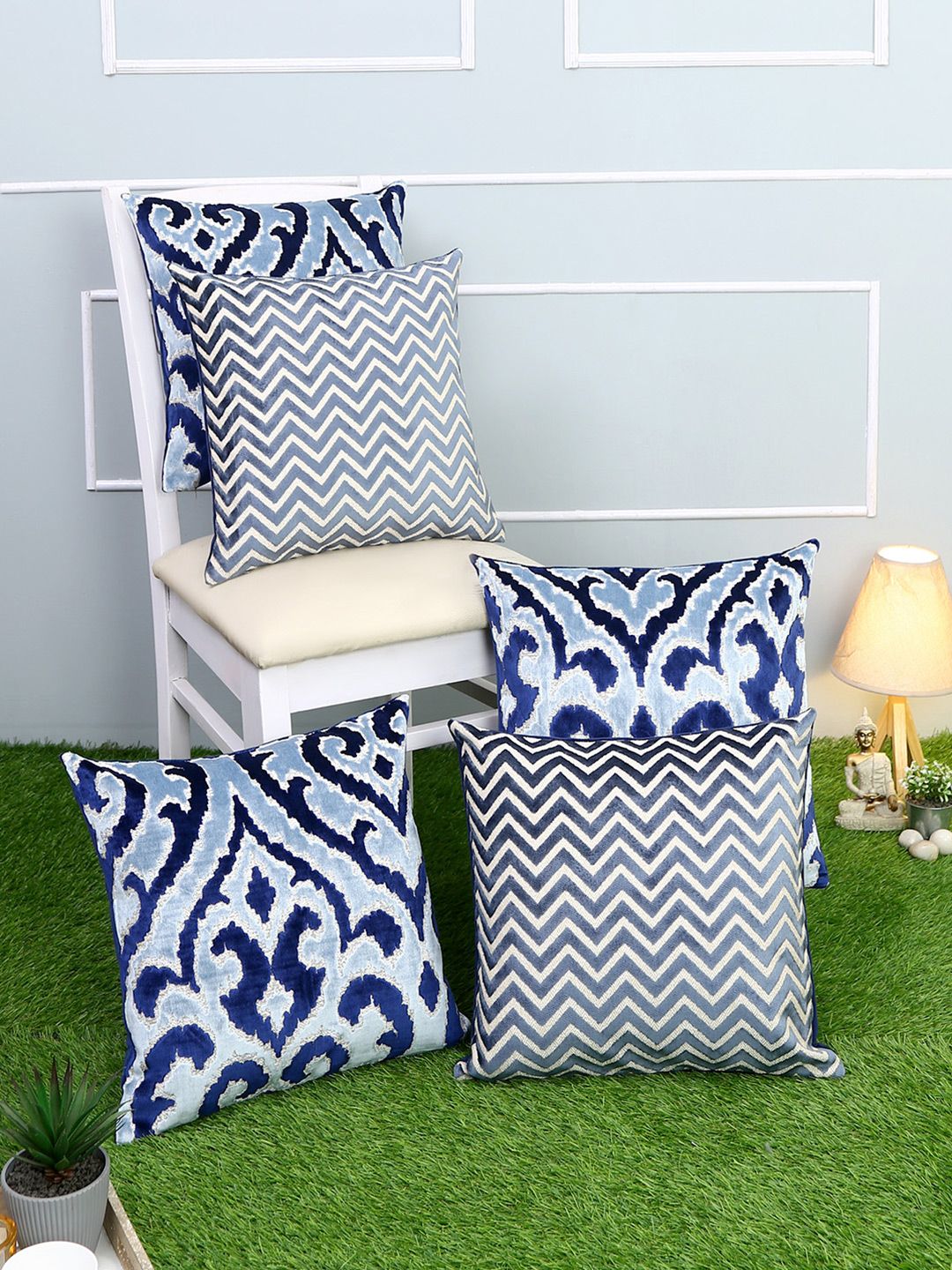 Just Home Navy Blue & Off White Set of 5 Geometric Square Cushion Covers Price in India