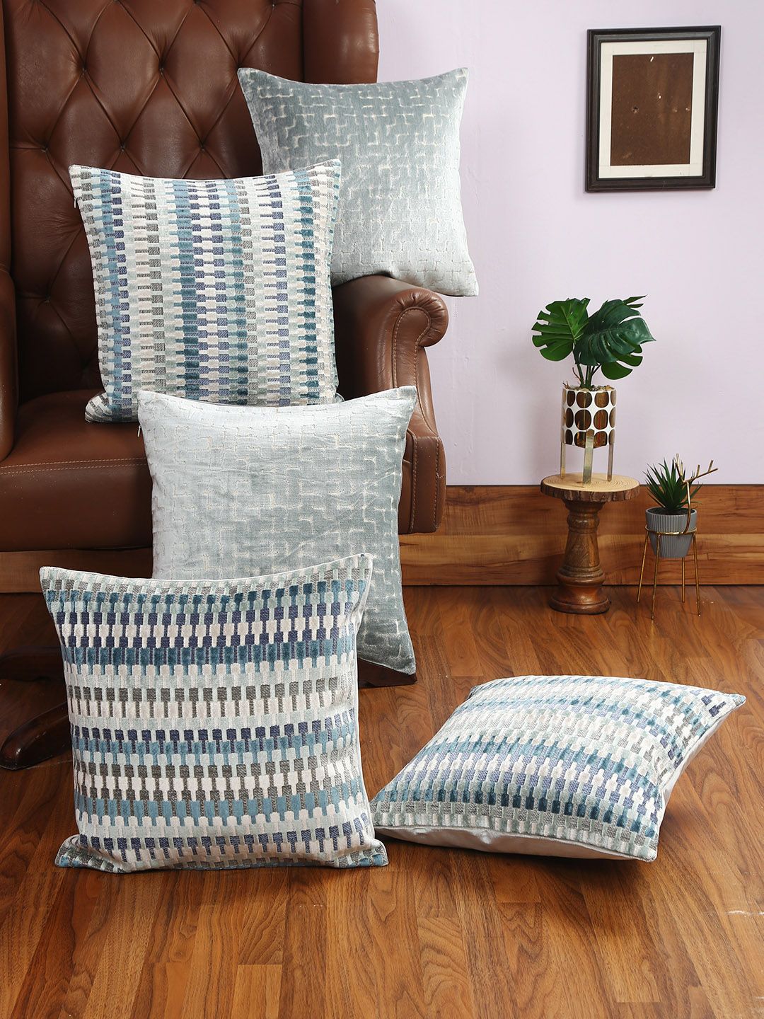 Just Home Teal Blue & Grey Set of 5 Geometric Jacquard Square Cushion Covers Price in India