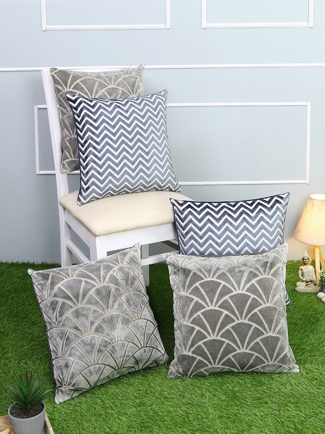 Just Home Navy Blue Set of 5 Geometric Square Cushion Covers Price in India