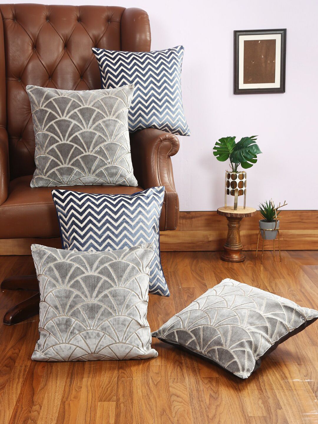 Just Home Navy Blue & Grey Set of 5 Geometric Square Cushion Covers Price in India