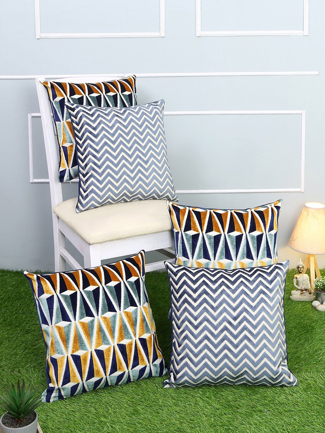 Just Home Pack of 5 Navy Blue & Yellow Geometric Square Cushion Covers Price in India