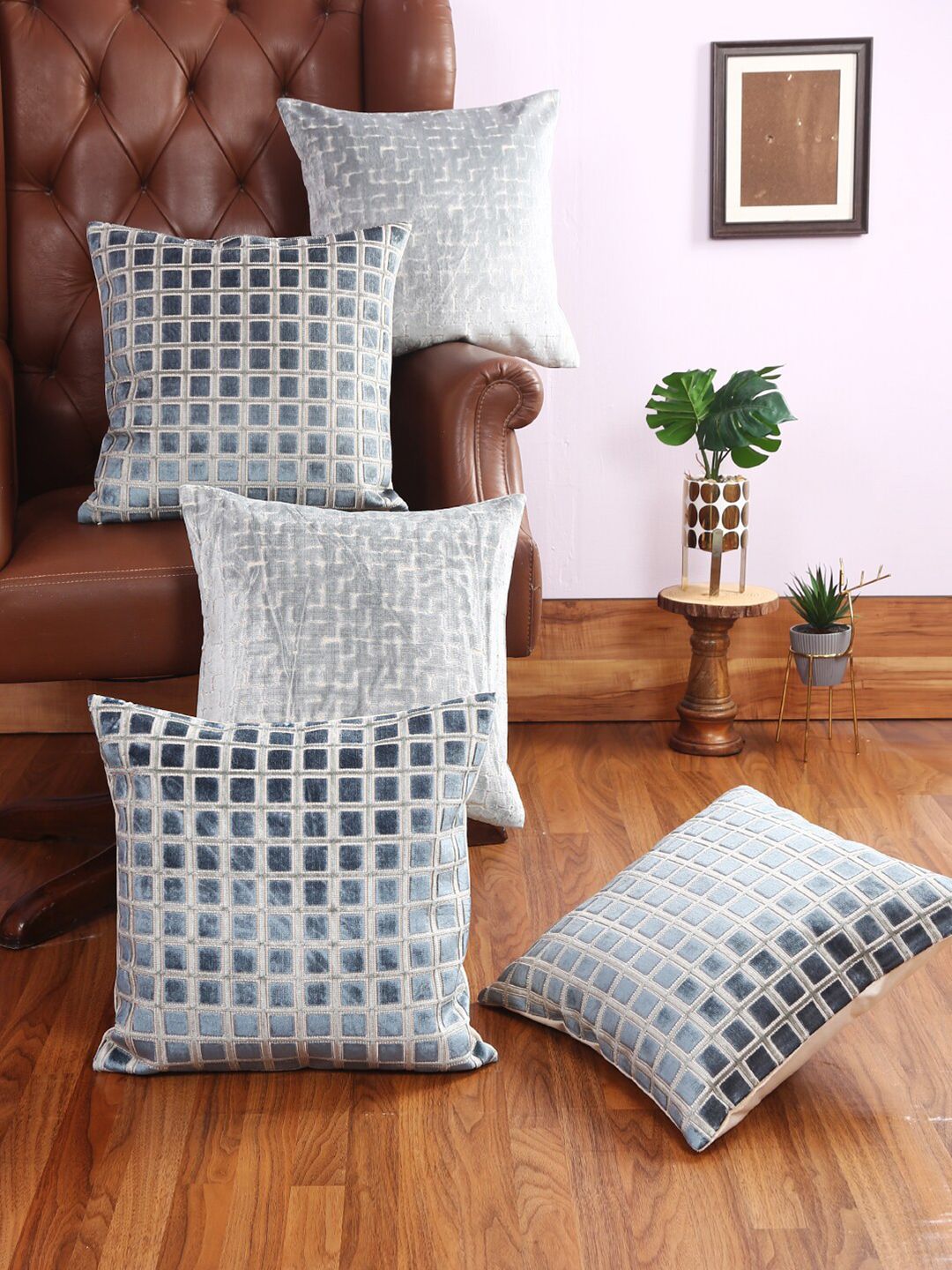 Just Home Teal Set of 5 Checked Square Cushion Covers Price in India