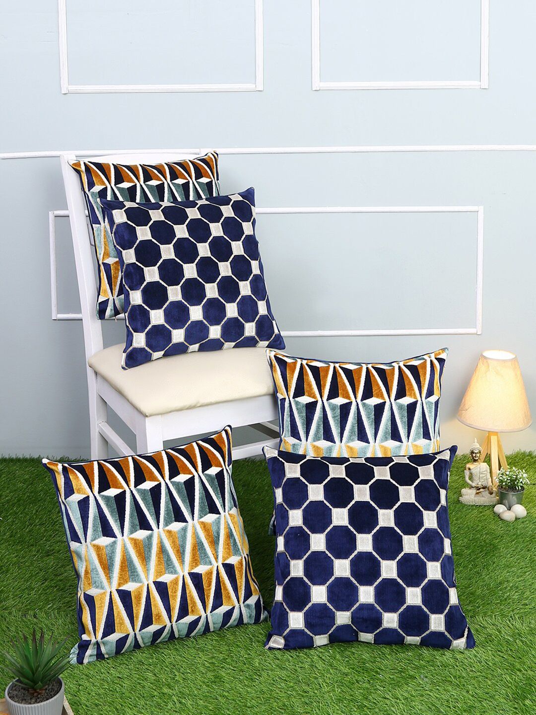 Just Home Navy Blue & Brown Set of 5 Geometric Square Cushion Covers Price in India