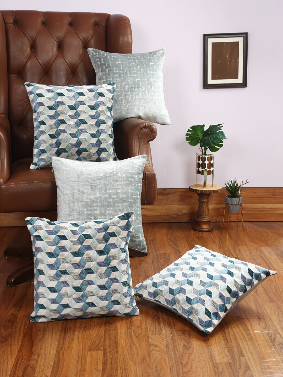 Just Home Blue & Grey Set of 5 Geometric Square Cushion Covers Price in India
