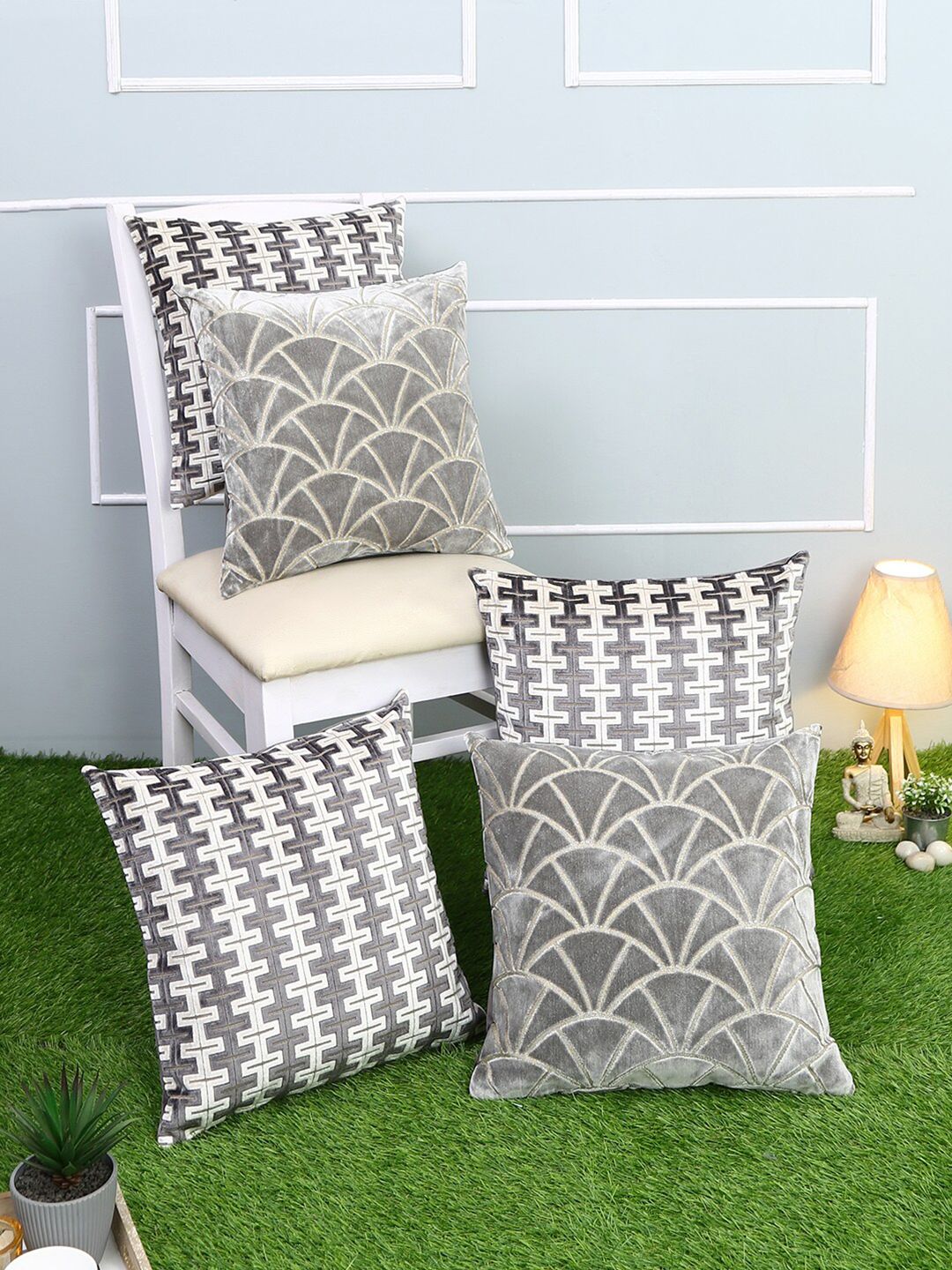 Just Home Brown Set of 5 Geometric Square Cushion Covers Price in India