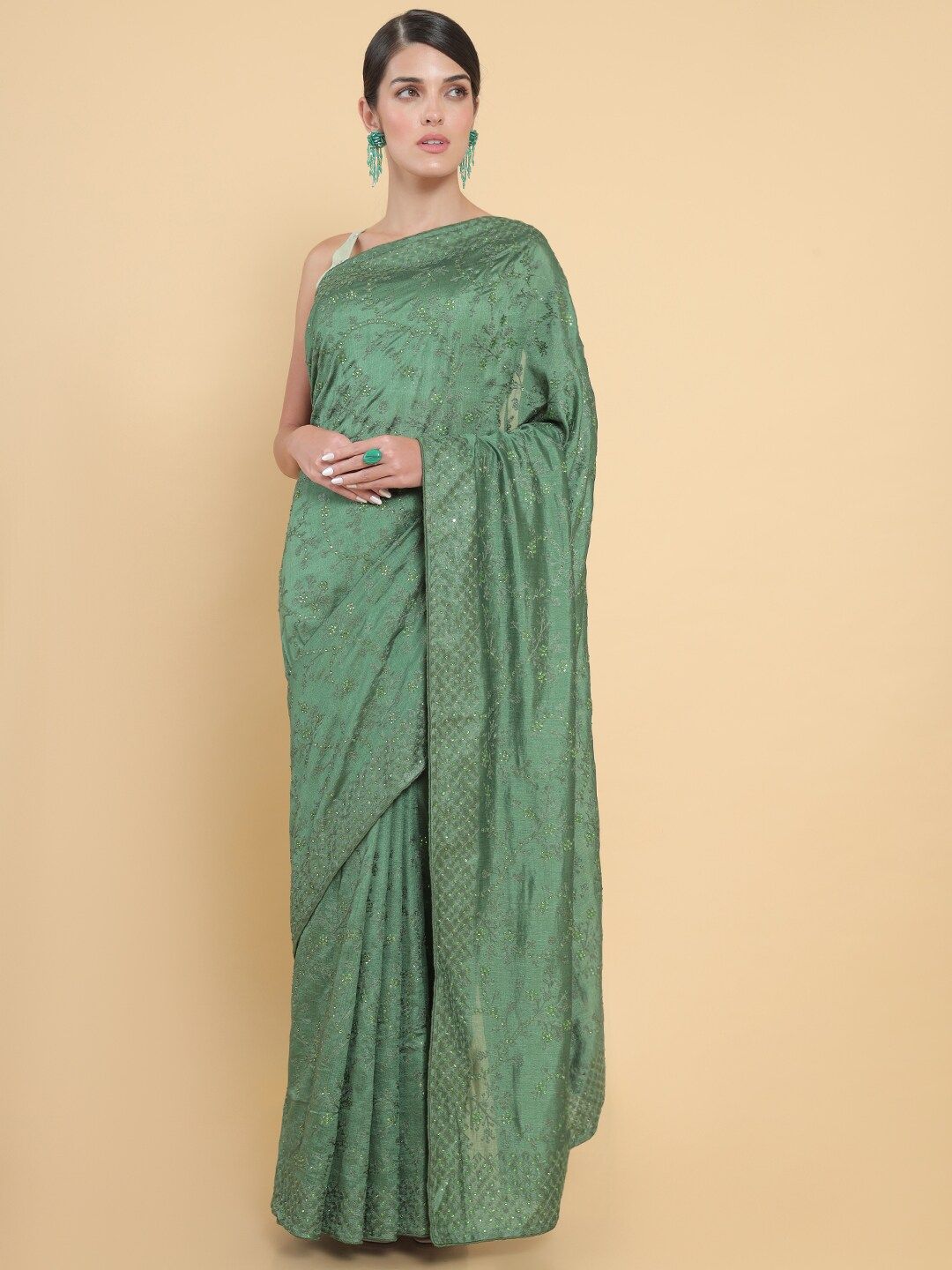 Soch Green Floral Beads and Stones Pure Georgette Saree Price in India