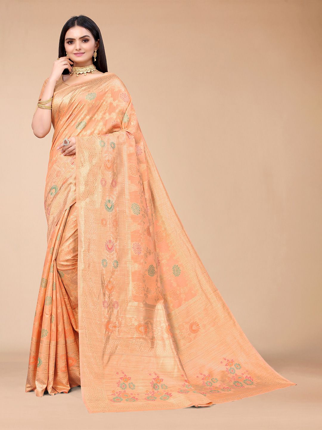 Mitera Women Peach-Coloured & Green Woven Design Zari Silk Blend Saree Price in India