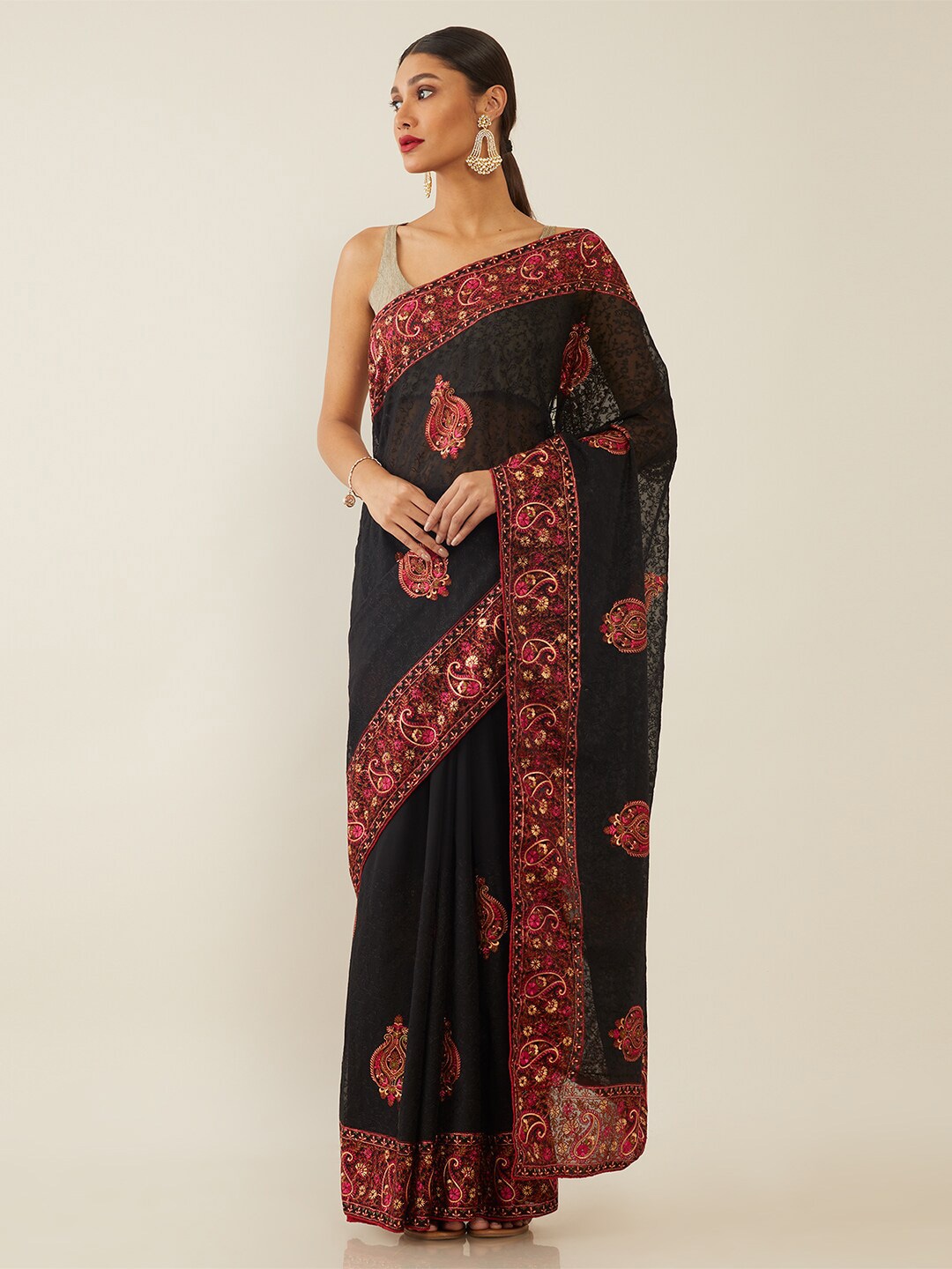 Soch Black & Red Paisley Embroidered Pure Georgette Saree Price in India