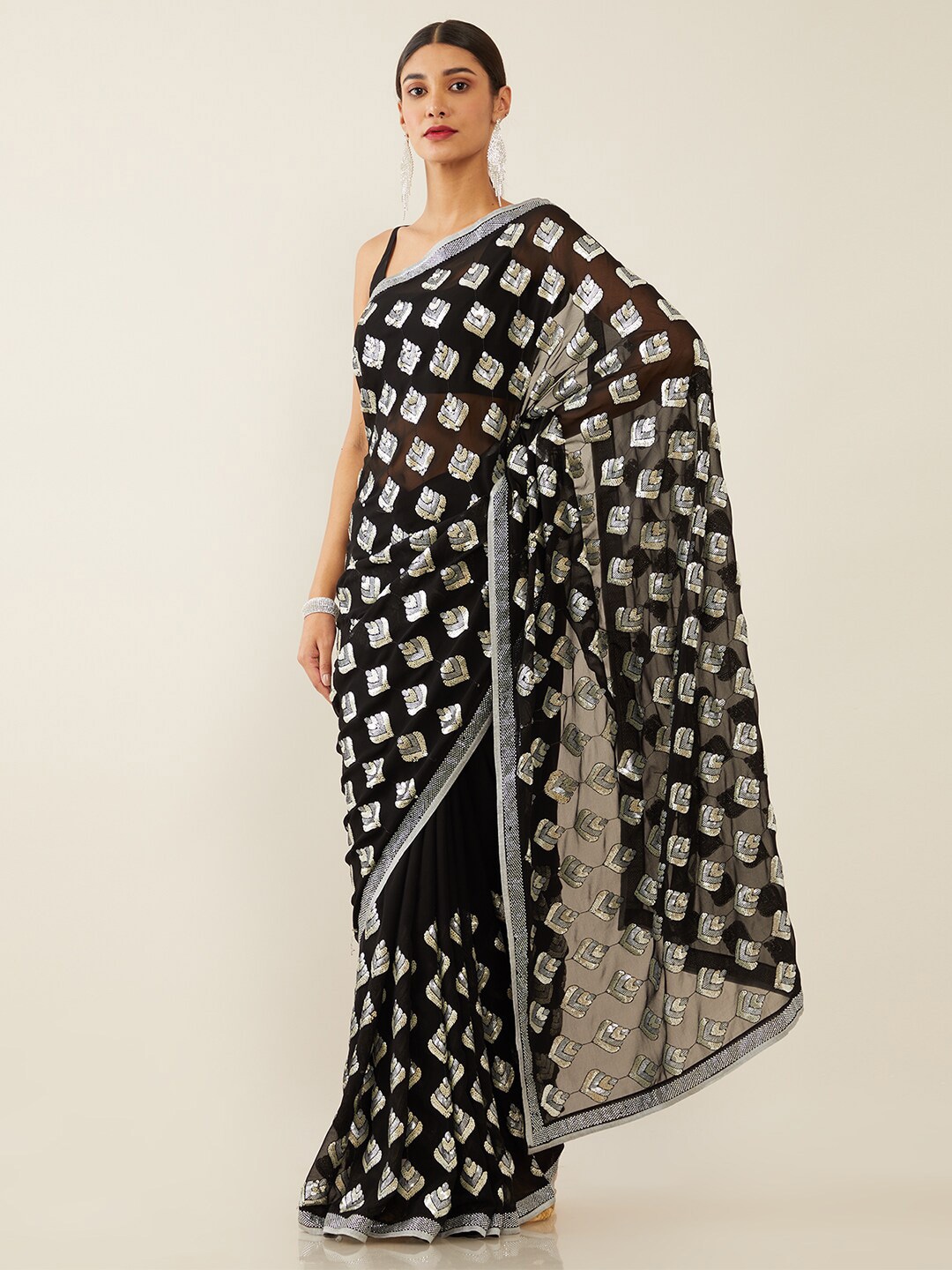 Soch Black & Silver-Toned Embroidered Pure Georgette Saree Price in India