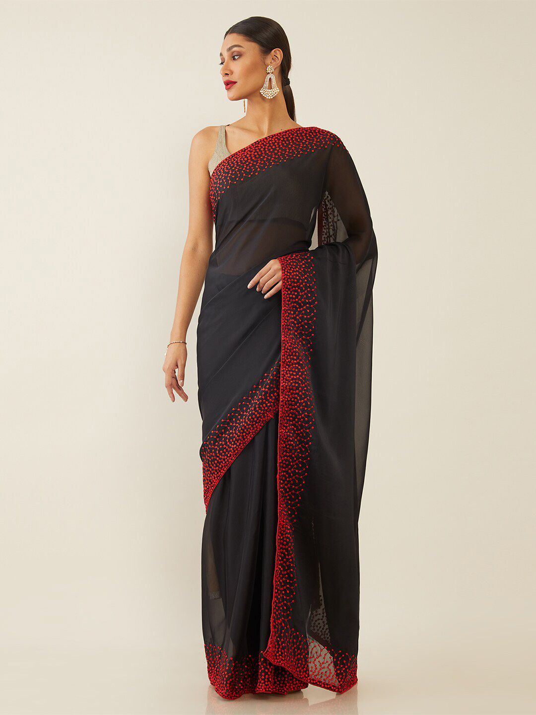 Soch Black & Red Embroidered Pure Georgette Saree Price in India
