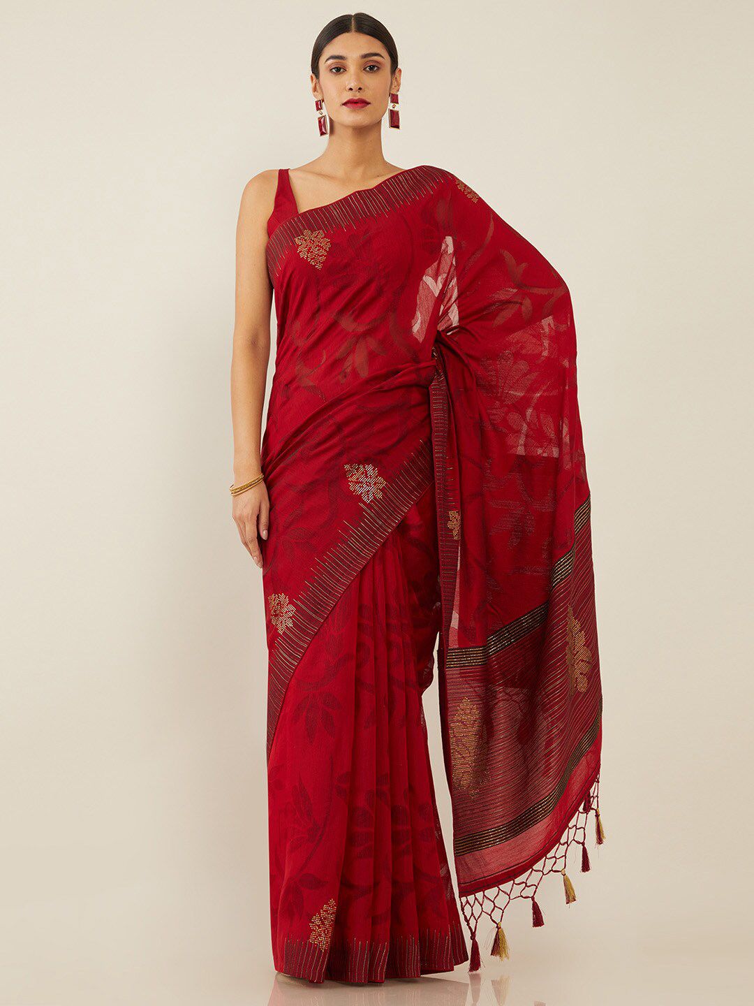 Soch Maroon & Gold-Toned Floral Pure Silk Saree Price in India