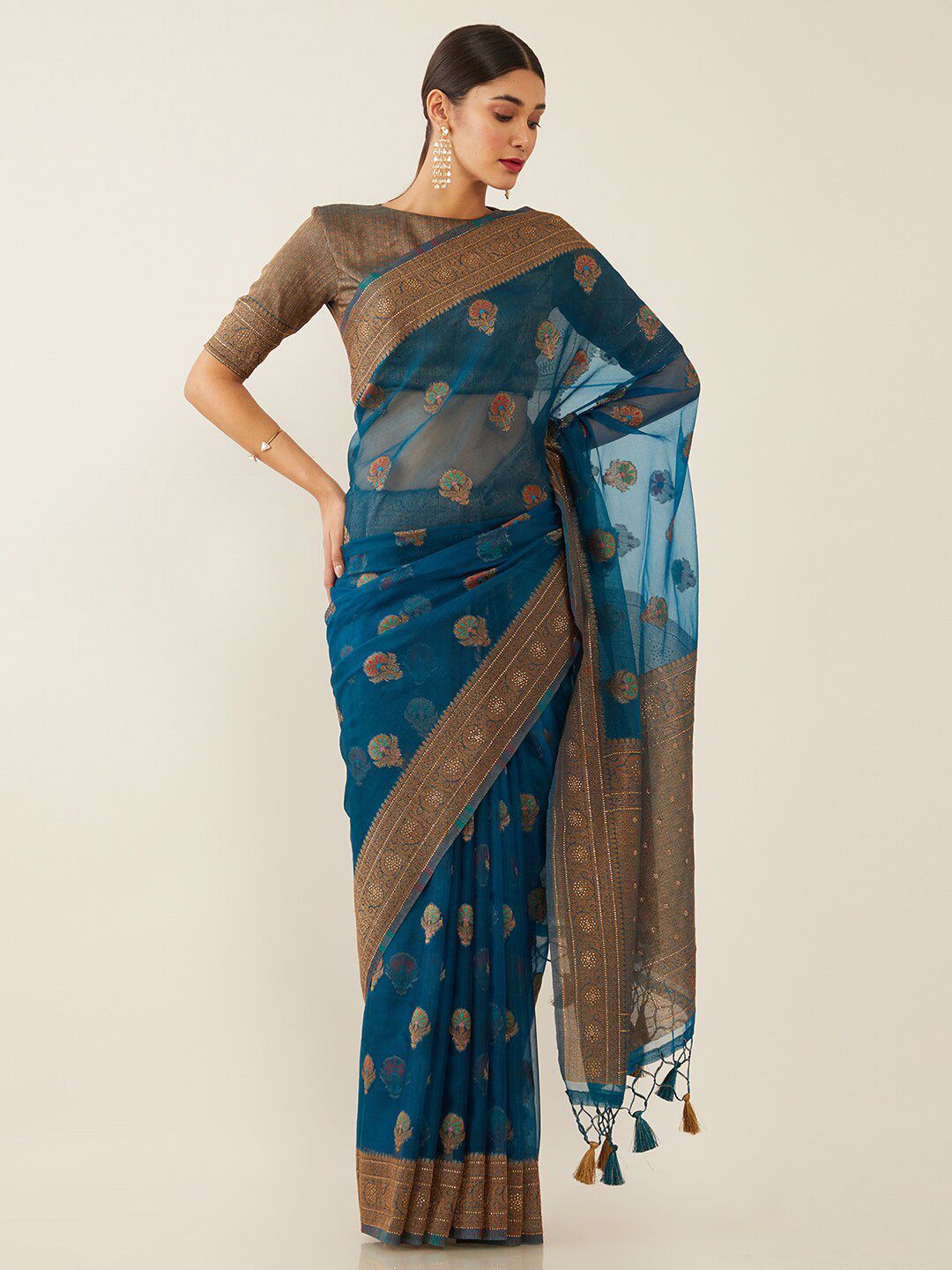 Soch Blue & Gold-Toned Floral Organza Saree Price in India