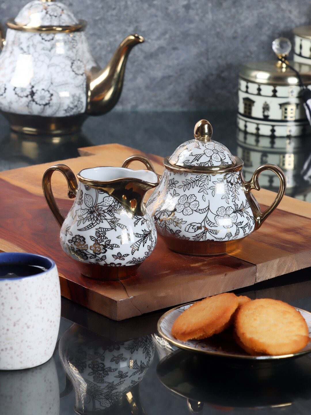 ceradeco White & Gold-Toned Floral Printed Bone China Glossy Kettle Set of Cups and Mugs Price in India