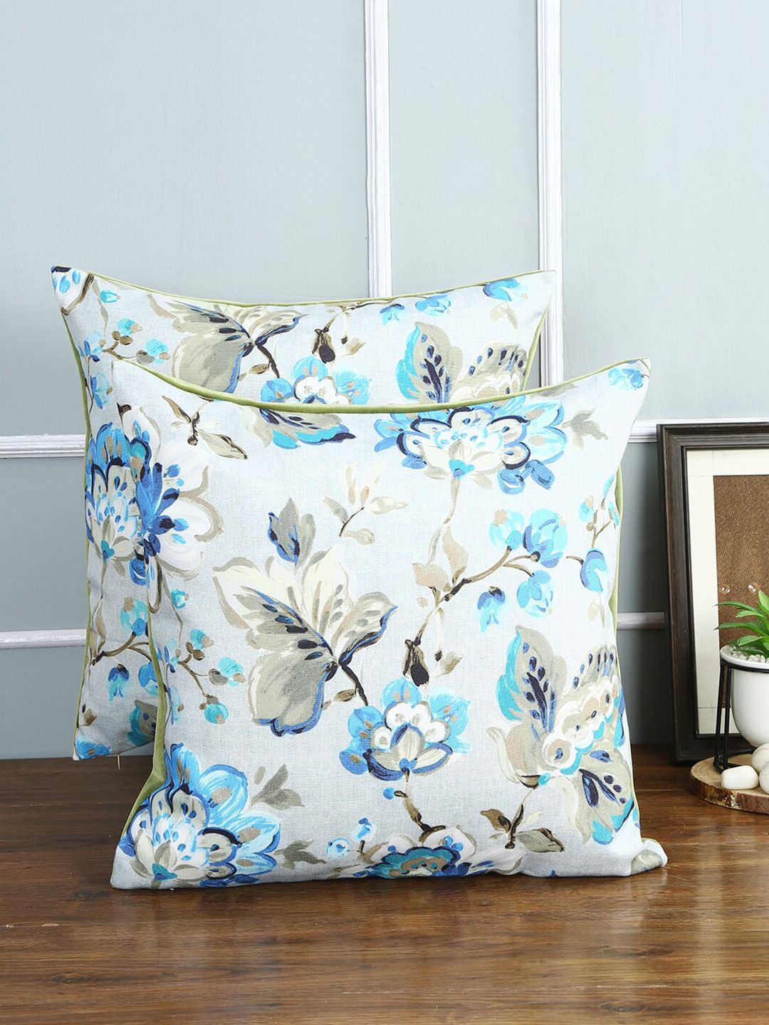 Just Home Blue & Off White Set of 2 Floral Printed Square Cushion Covers of 40.6 x 40.6 cm Price in India
