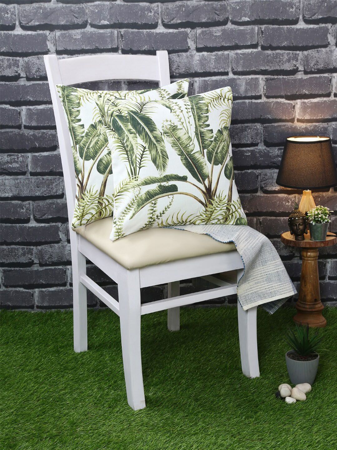 Just Home Green & Off White Set of 2 Floral Square Cushion Covers Price in India