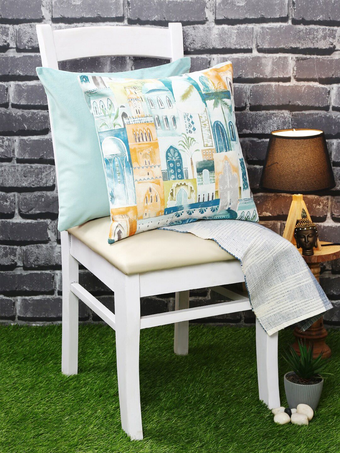 Just Home Teal & Off White Set of 2 Abstract Square Cushion Covers Price in India