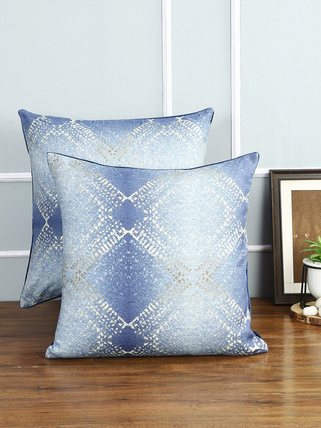 Just Home Navy Blue Set of 2 Square Printed Cushion Covers Price in India